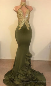 2025 New Arrival Mermaid High Neck Beaded Green Ruch Backless Prom Dresses